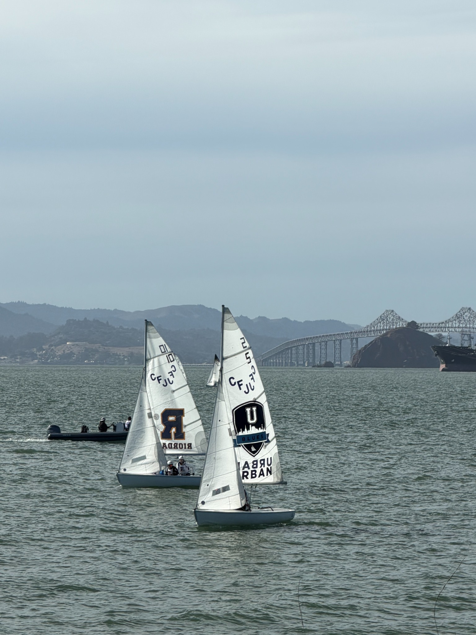 Riordan and Urban dinghies racing near the Richmond–San Rafael Bridge